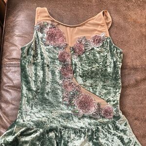 Amazon Green and Brown Velvet Dress with Floral Embroidery